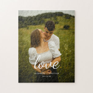 Modern 'Love' Script Wedding Couple Photo Jigsaw Puzzle