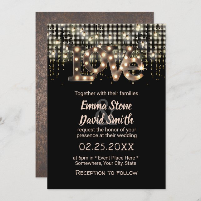 Modern Love Sign & String Lights Wedding Invitation (Front/Back)