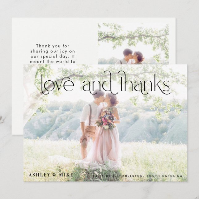 Modern Love & Thanks 2 Photo Wedding Thank You Card (Front/Back)