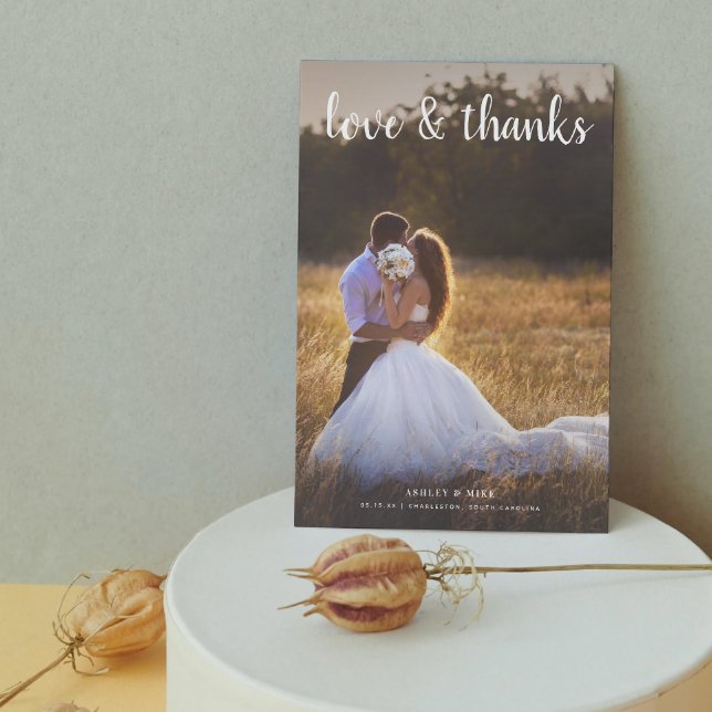 Modern Love & Thanks 2 Photo Wedding Thank You Card (Grateful for the love and joy you shared on our special day. )
