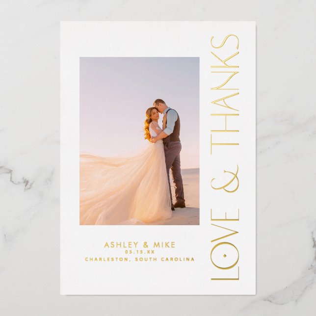 Modern Love & Thanks 2 Photo Wedding Thank You Foil Invitation (Front)