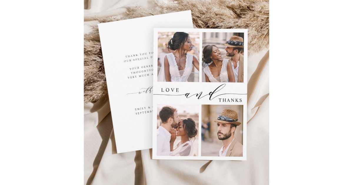 Modern Love & Thanks 4 Photo Wedding Thank You Card | Zazzle