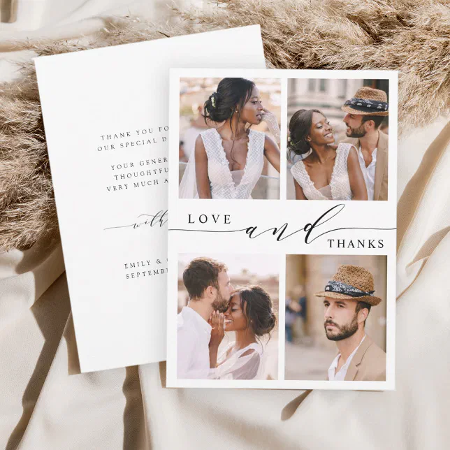 Modern Love & Thanks 4 Photo Wedding Thank You Card | Zazzle