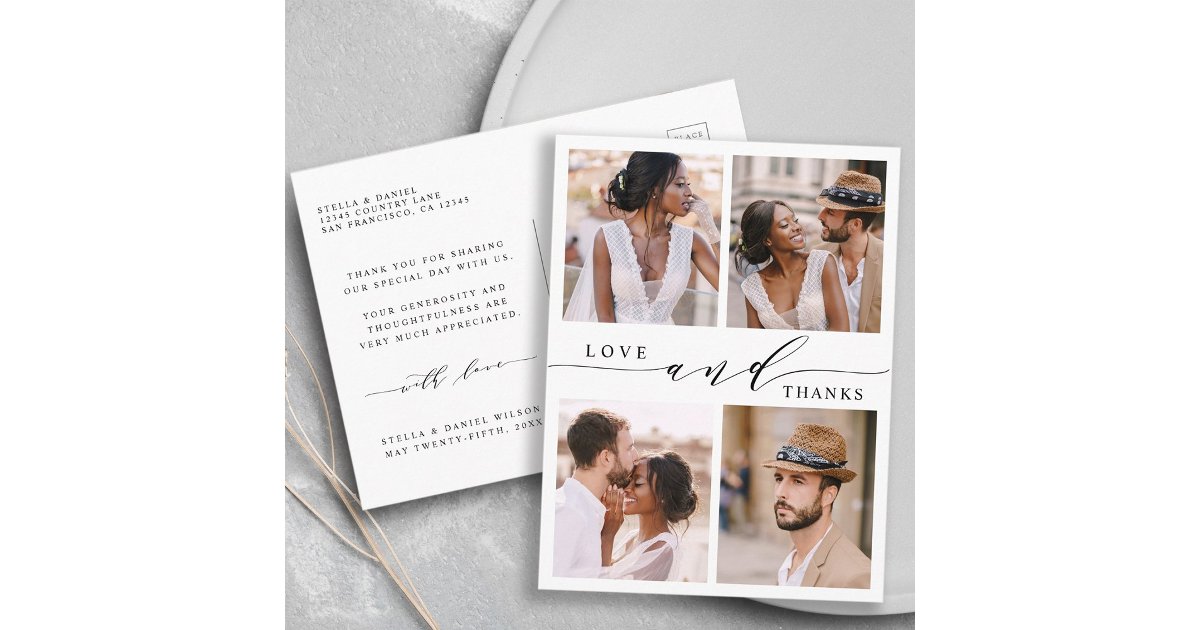 Modern Love & Thanks 4 Photo Wedding Thank You Postcard | Zazzle