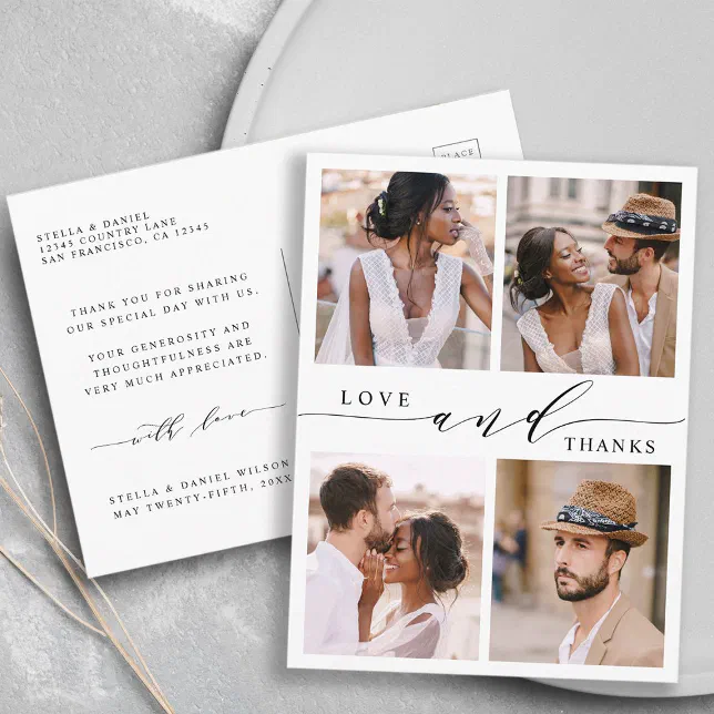 Modern Love & Thanks 4 Photo Wedding Thank You Postcard | Zazzle