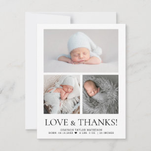 Modern Love & Thanks Baby Photo Grid Birth Stat Thank You Card