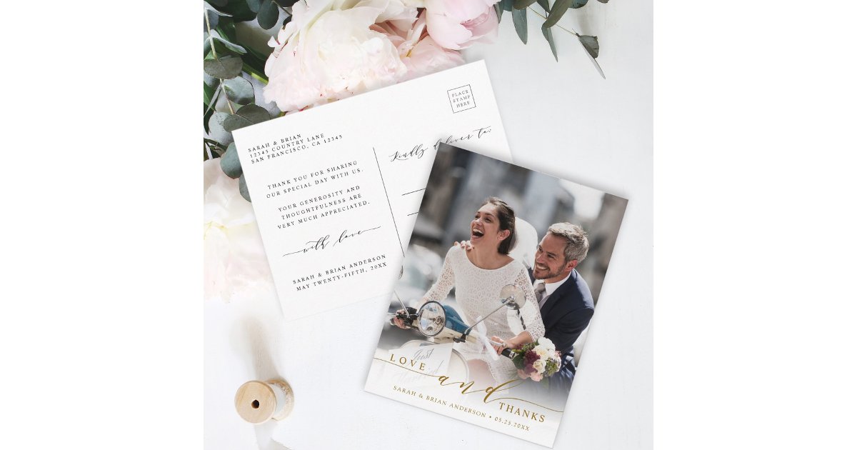 Modern Love & Thanks Gold Wedding Photo Thank You Postcard | Zazzle