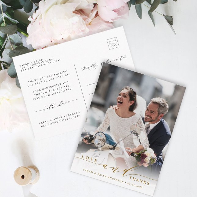 Modern Love & Thanks Gold Wedding Photo Thank You Postcard (Front & Back)