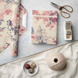 Modern Love Valentine Red Toile de Jouy Pattern Wrapping Paper