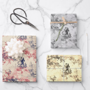 Modern Love Valentine Red Toile de Jouy Pattern Wrapping Paper Sheets