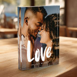 Modern Love Wedding Simple Calligraphy Family  Photo Block<br><div class="desc">Sweet and simple keepsake for any couple or newlyweds,  showcasing your favorite wedding or engagement photo with modern script calligraphy reading LOVE over your custom names and dark gradient to make the typography stand out.</div>