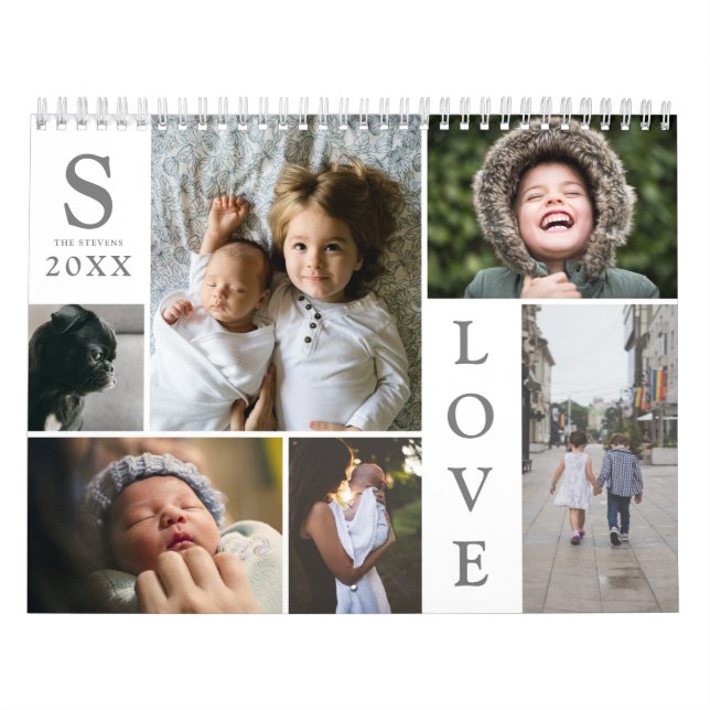 Modern Love White Color Block Family Photo Collage Calendar (Cover)