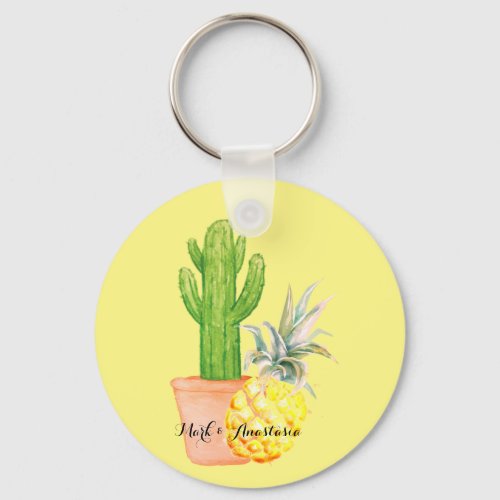 Modern Love Yellow Pineapple and Cactus Keychain