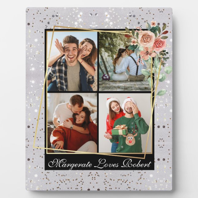 Modern LOVE YOU 4 Photo Silver Glitter Valentine's Plaque (Front)