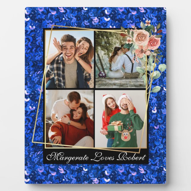 Modern LOVE YOU 4 Photos blue Glitter Valentine's Plaque (Front)