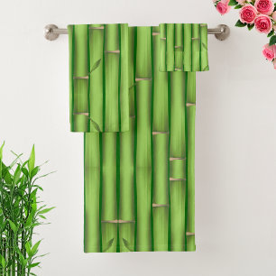 Modern Lucky Green Bamboo Sticks on Forest Green Bath Towel Set