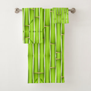 Modern Lucky Green Bamboo Sticks on White Bath Towel Set