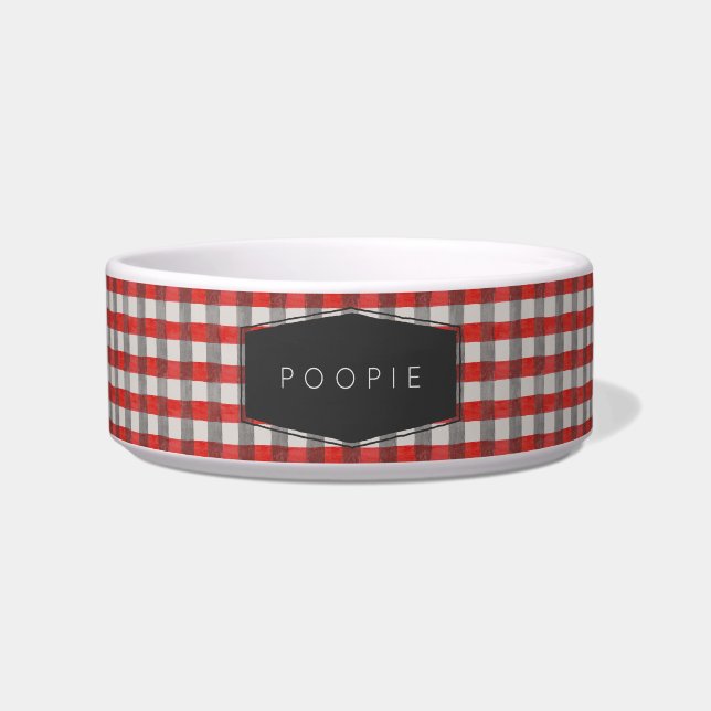 Modern Lumberjack Check Red Plaid Personalized Bowl (Front)