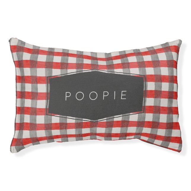 Modern Lumberjack Check Red Plaid Personalized Pet Bed (Front)