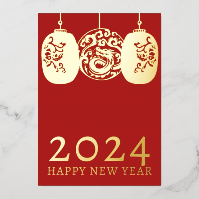 Modern Lunar New Year Gold Dragon Foil Holiday Card (Front)
