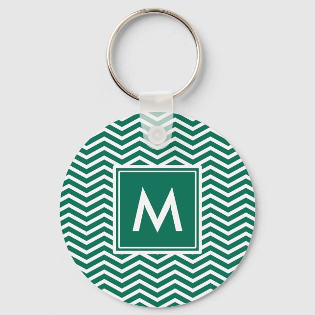 Modern Lush Green Chevrons With Monogram Keychain (Front)