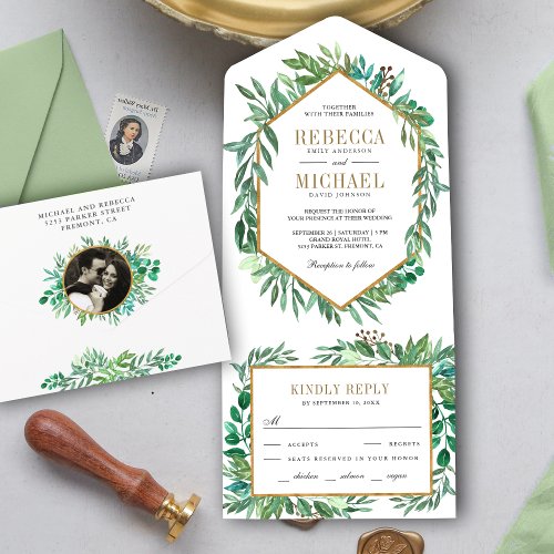 Modern Lush Greenery Leaves Gold Frame Wedding All In One Invitation
