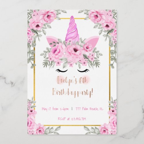 Modern Lush Pink Floral Cute Unicorn Birthday Foil Invitation