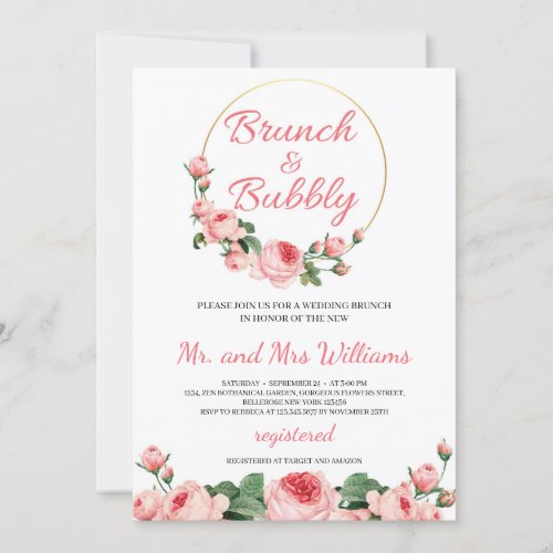 Modern lush pink floral gold brunch and bubbly invitation