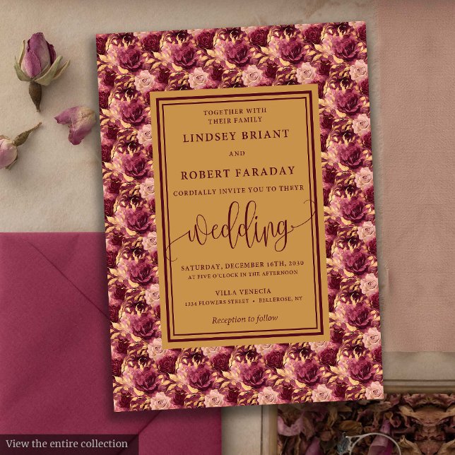Modern Lux Maroon Gold Flowers Wedding Invitation (Modern Lux Maroon Gold Flowers Wedding Invitation)