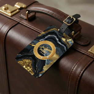 Modern Luxe Black Gold Agate Marble Monogram Luggage Tag