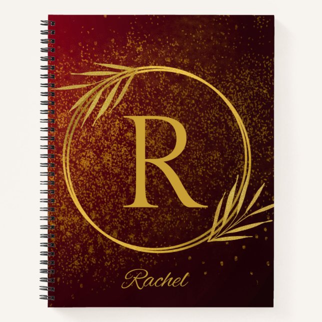 Modern Luxe Deep Red & Gold Custom Name & Initial Notebook (Front)