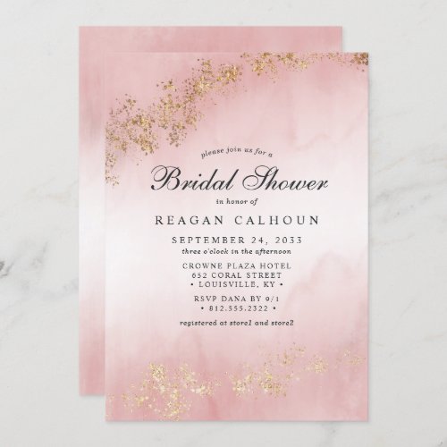 Modern Luxe Gold Flecks Blush Pink Bridal Shower Invitation