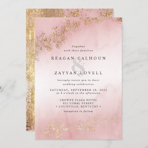Wedding Invitations 18 Modern Luxe Gold Flecks Blush Pink Mist Wedding Invitation