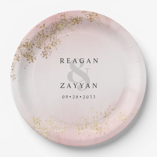 Modern Luxe Gold Flecks Blush Pink Mist Wedding Paper Plates (Front)