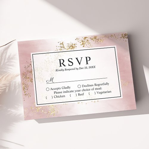 Modern Luxe Gold Flecks Blush Pink Mist Wedding  RSVP Card