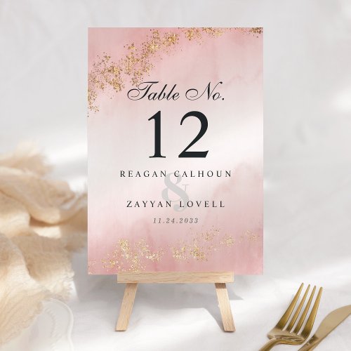 Modern Luxe Gold Flecks Blush Pink Mist Wedding Table Number