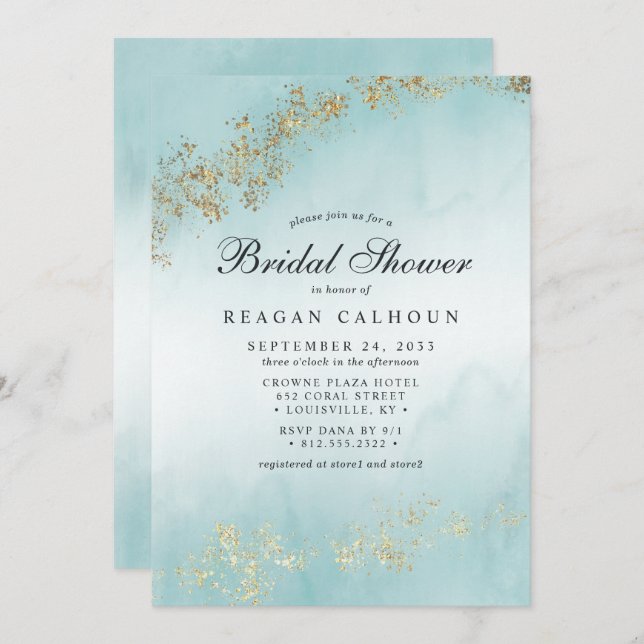 Modern Luxe Gold Flecks eal Mist Bridal Shower Invitation (Front/Back)