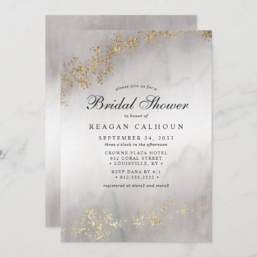 Modern Luxe Gold Flecks Gray Mist Bridal Shower Invitation