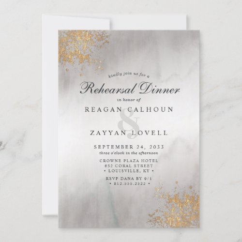 Modern Luxe Gold Flecks Gray Mist Rehearsal Dinner Invitation