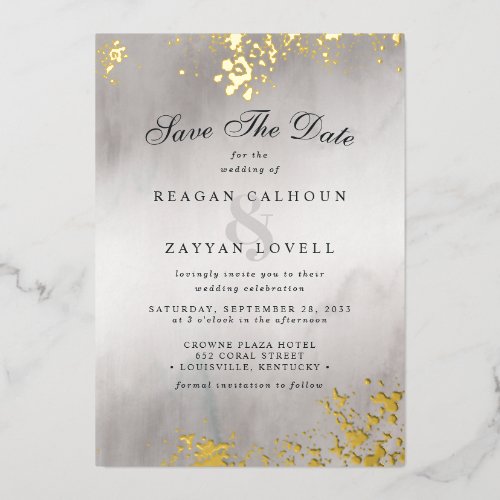 Wedding Save The Date Cards 12 Modern Luxe Gold Flecks Gray Mist Save The Date Foil Invitation