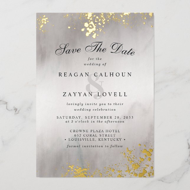 Modern Luxe Gold Flecks Gray Mist Save The Date Foil Invitation (Front)