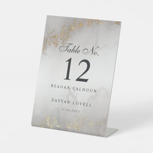 Modern Luxe Gold Flecks Gray Mist Table Number Pedestal Sign