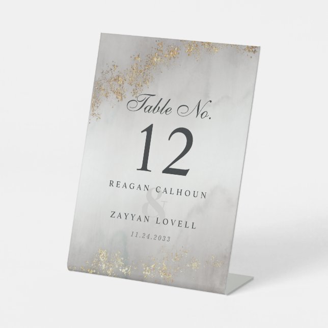 Modern Luxe Gold Flecks Gray Mist Table Number Pedestal Sign (Front)