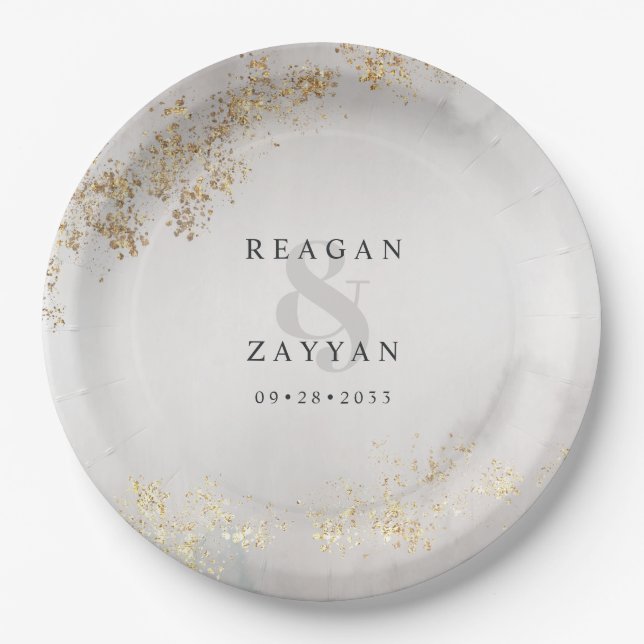 Modern Luxe Gold Flecks Gray Mist Wedding Paper Pl Plates (Front)