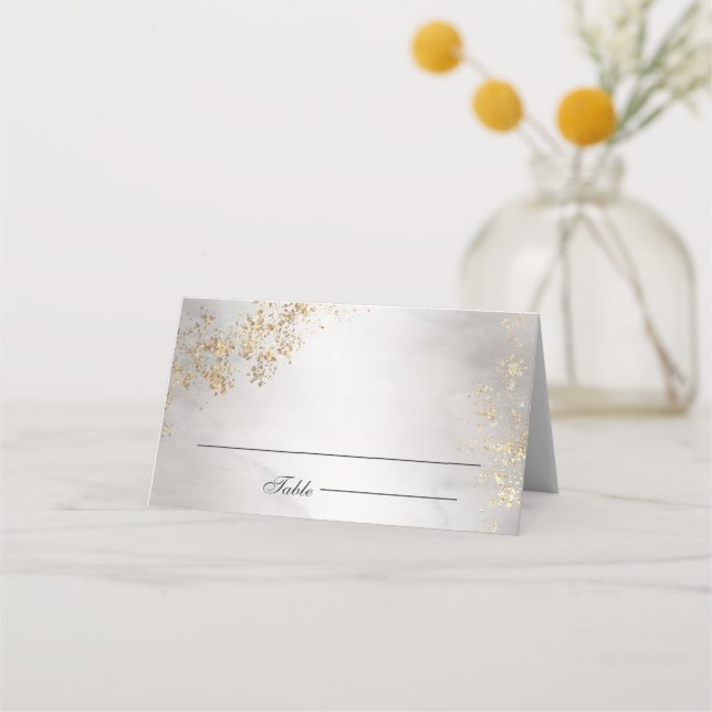 Modern Luxe Gold Flecks Gray Mist Wedding Place Card (Front)