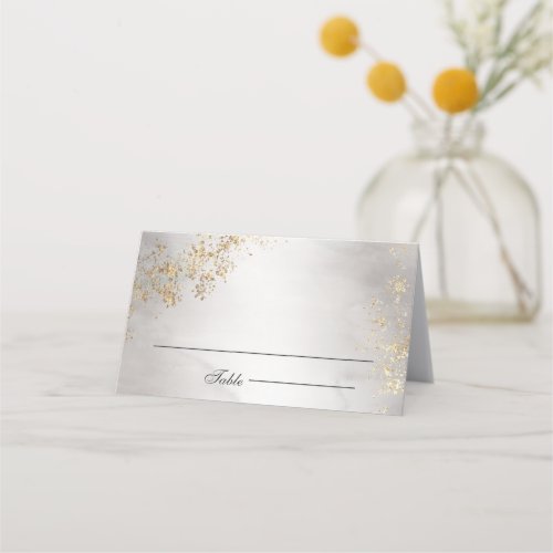 Modern Luxe Gold Flecks Gray Mist Wedding Place Card