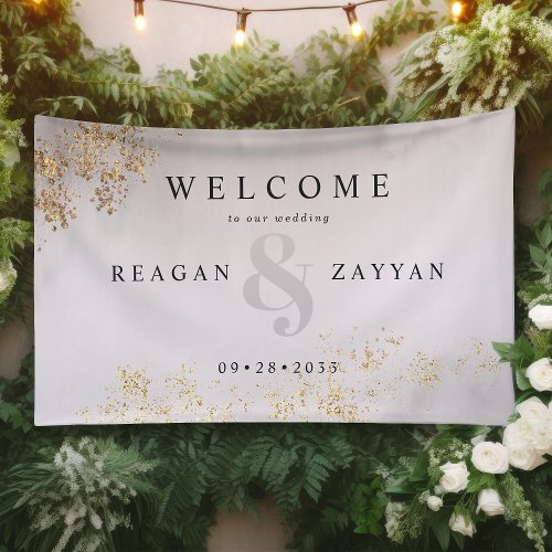 Modern Luxe Gold Flecks Gray Mist Wedding Welcome Banner