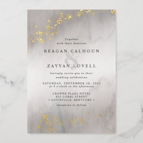 Modern Luxe Gold Flecks Gray Watercolor Wedding Foil Invitation