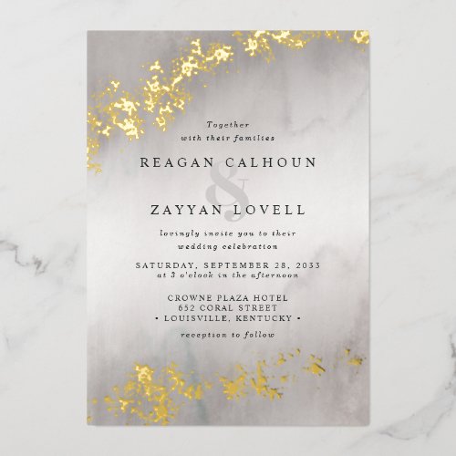 Modern Luxe Gold Flecks Gray Watercolor Wedding Foil Invitation