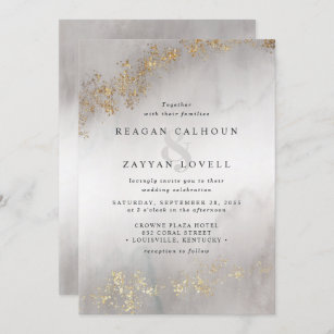 Modern Luxe Gold Flecks Gray Watercolor Wedding Invitation